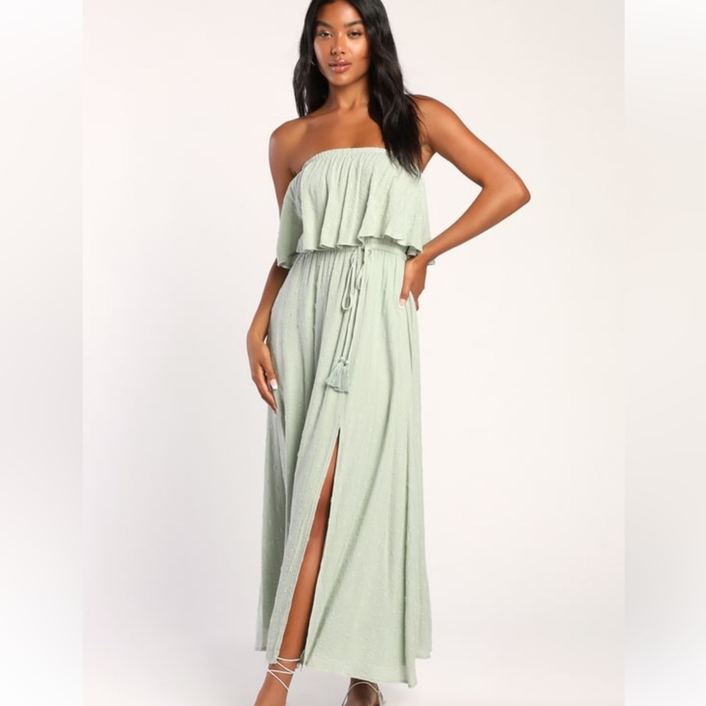 NWT Lulus Made for Vacation Sage Green Silver Strapless Maxi Dress - Small